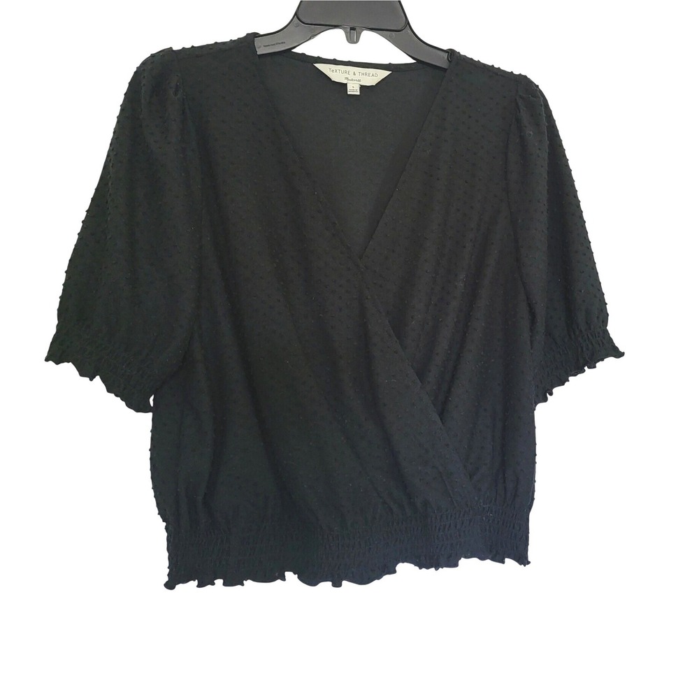 Madewell Texture & Thread Women Black Clipdot Smocked Career Crossover Top Small